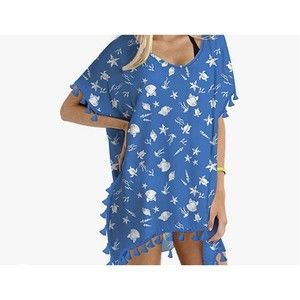 NWT Yincro Women's Tassel Swimsuit Coverup Beach Blue White Gray sealife